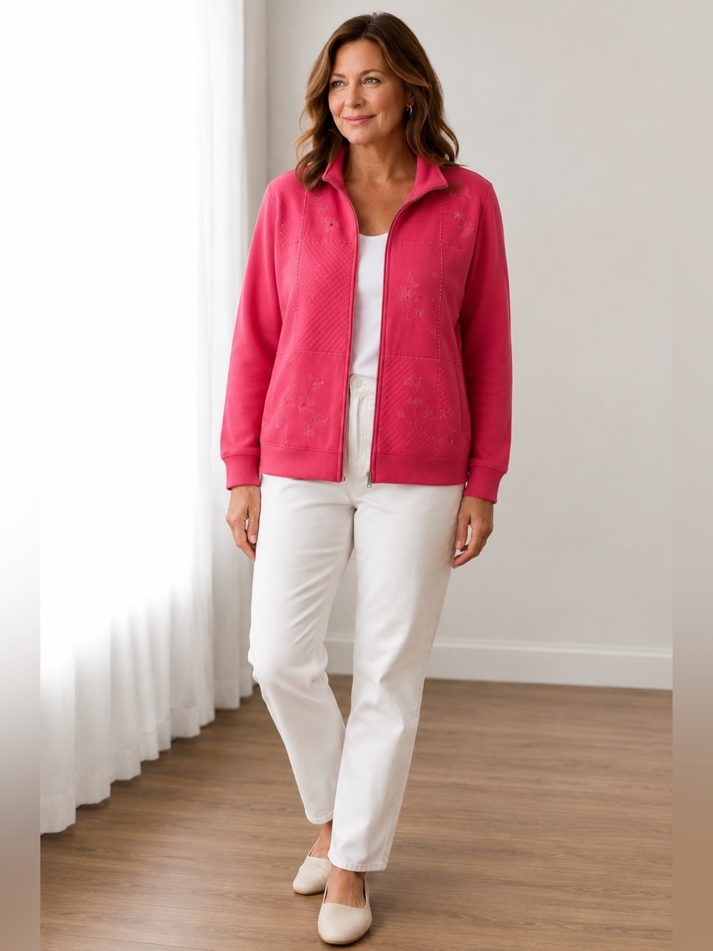 Alfred Dunner Petite 14P Pink Quilted Zip Jacket Embroidered Floral Cozy